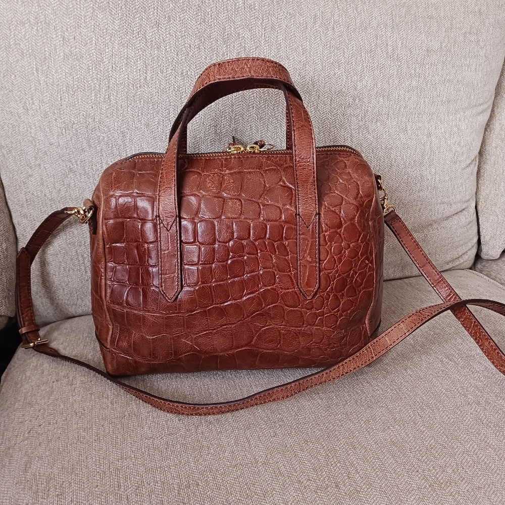 Fossil Cognac Croc-Embossed Leather Satchel with Strap